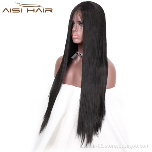 Aisi Hair Wholesale Long Silky Straight Black Synthetic Lace Front Wigs With Baby Hair For Women Heat Resistant Fiber